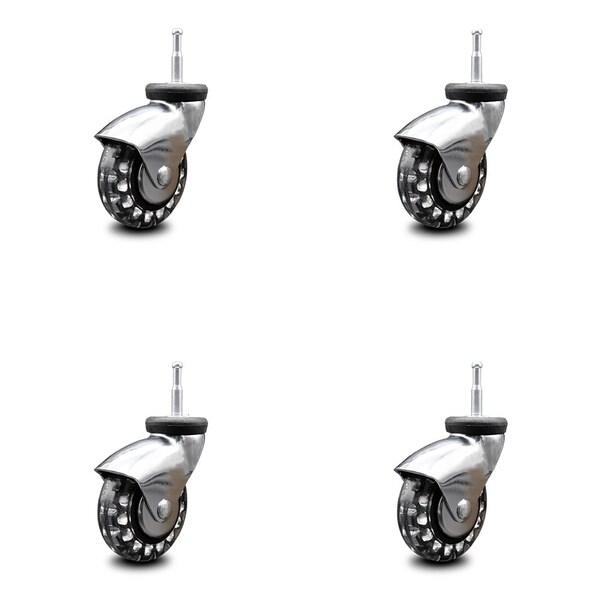 3 Inch Bright Chrome Hooded Polyurethane 5/16 Inch Grip Neck Stem Casters, 4PK